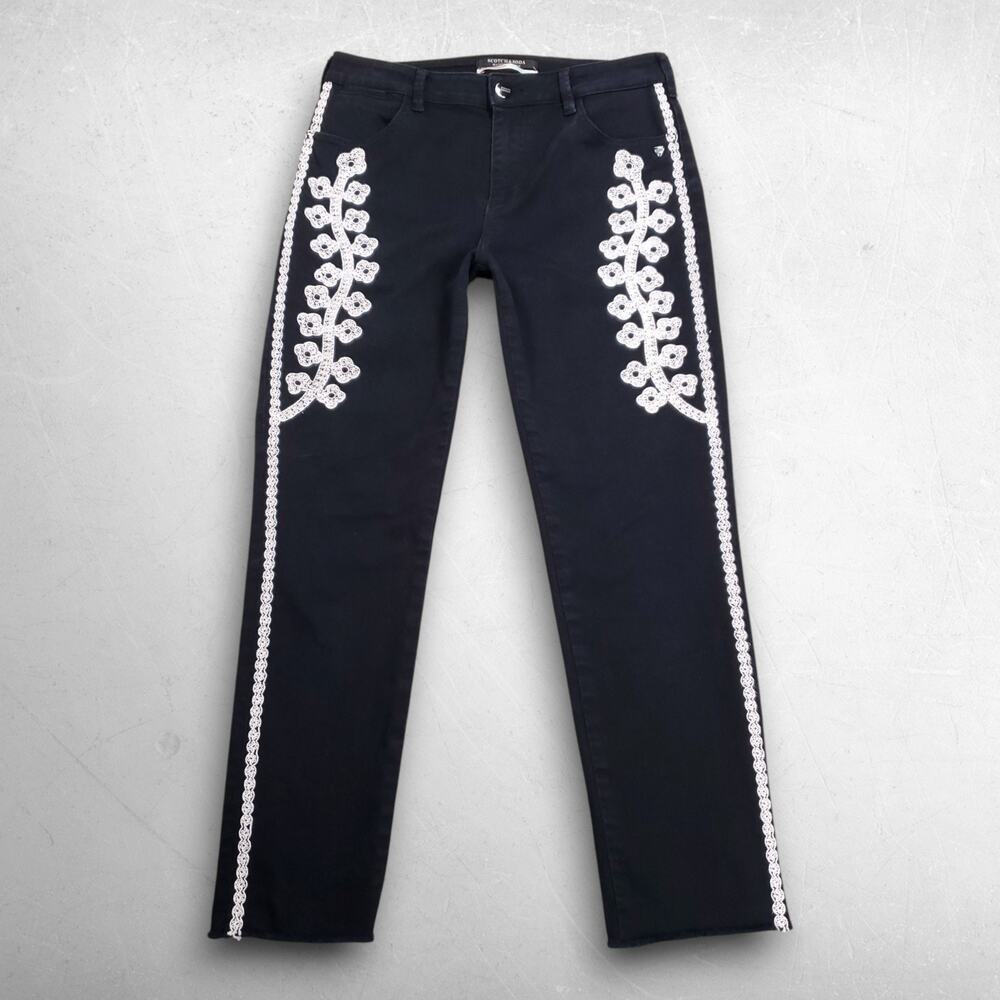 Scotch & Soda Slim Boyfriend Jeans Women 27 Black Stretch Crochet Artisanal Boho